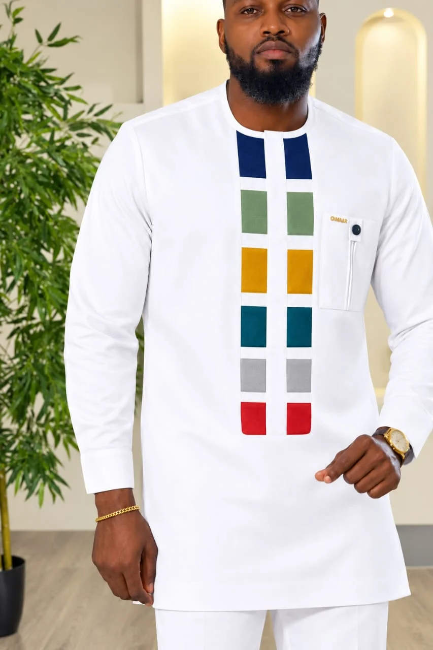 Kwesi Kaftan Set in white colour-block
